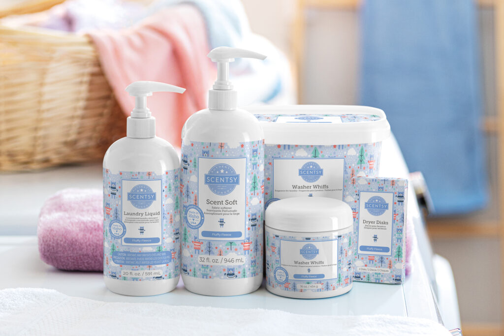 Scentsy Fluffy Fleece scented laundry products including Laundry Liquid, Scent Soft, Dryer Disks, small and large Washer Whiffs