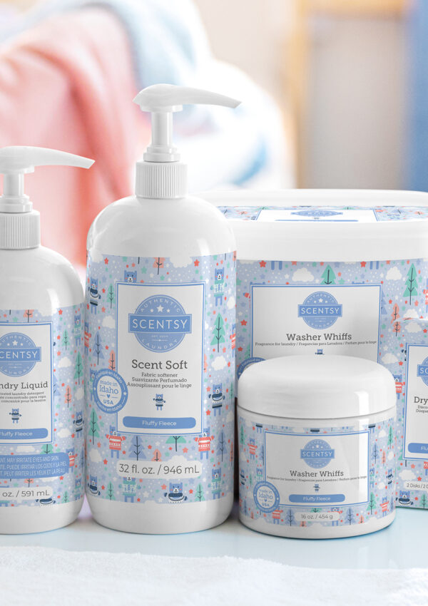 Scentsy Fluffy Fleece scented laundry products including Laundry Liquid, Scent Soft, Dryer Disks, small and large Washer Whiffs