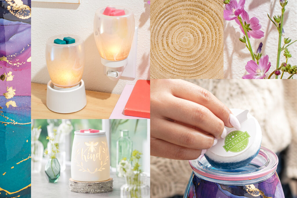 Scentsy products including mini wax warmers on a tabletop base and plugged into the wall and the Be Kind Wax Warmer all melting the best scented wax melts and being cleaned up with cotton cleanups!