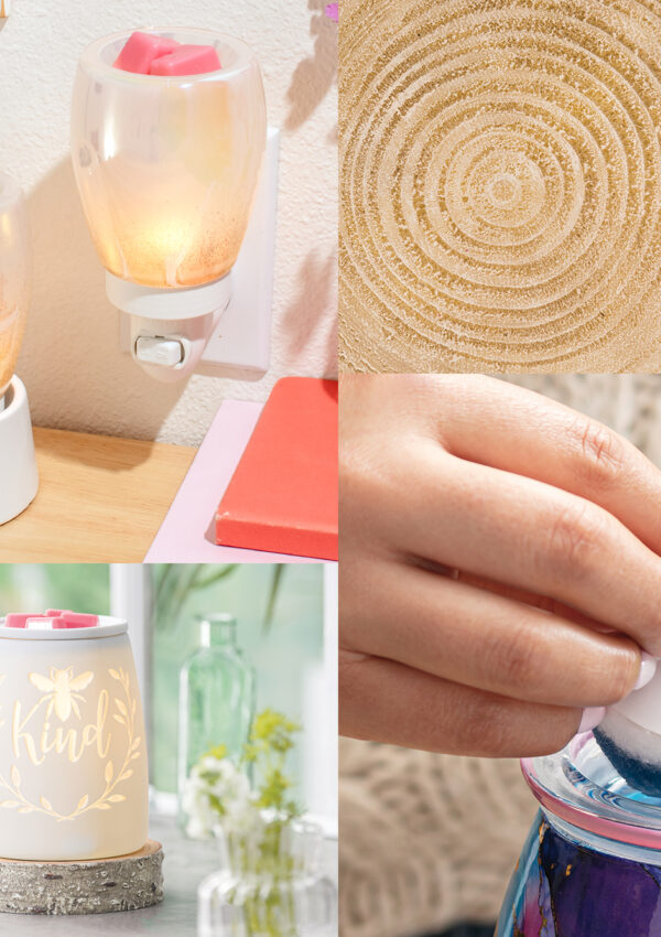 Scentsy products including mini wax warmers on a tabletop base and plugged into the wall and the Be Kind Wax Warmer all melting the best scented wax melts and being cleaned up with cotton cleanups!