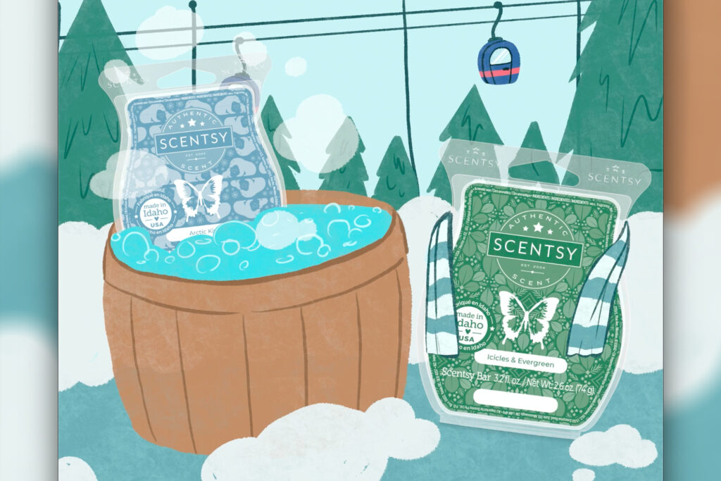 Scentsy Wax melts scented in Arctic Kiss and Icicles & Evergreen taking a dip in a hot tub and hot springs in the snowy winter