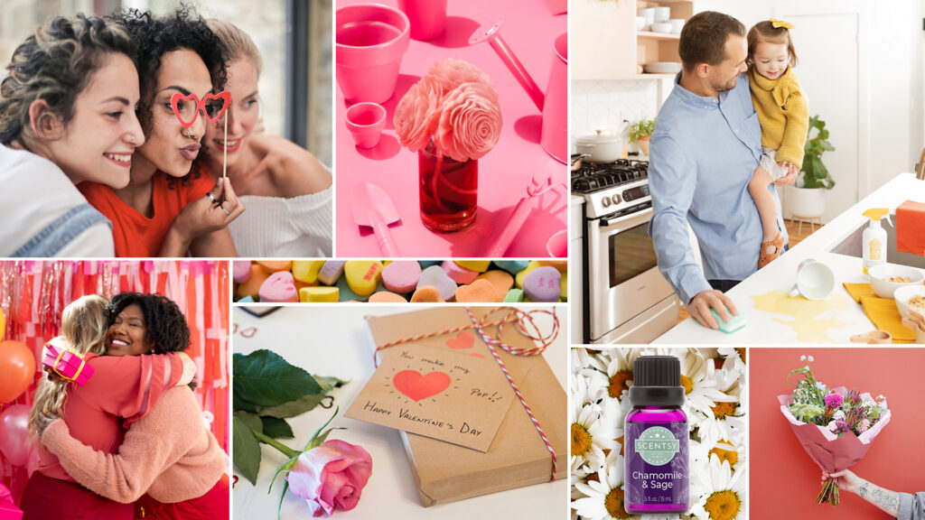 A collage of valentine's day themed images, with girlfriends hugging, loved ones giving gifts, a father and daughter, and scentsy products such as essential oils and fragrance flowers.