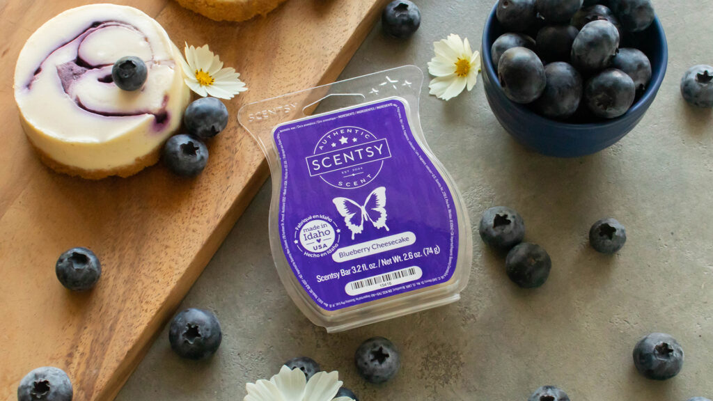 Scentsy Blueberry Cheesecake wax melts smell of hints of graham cracker crust and blueberries