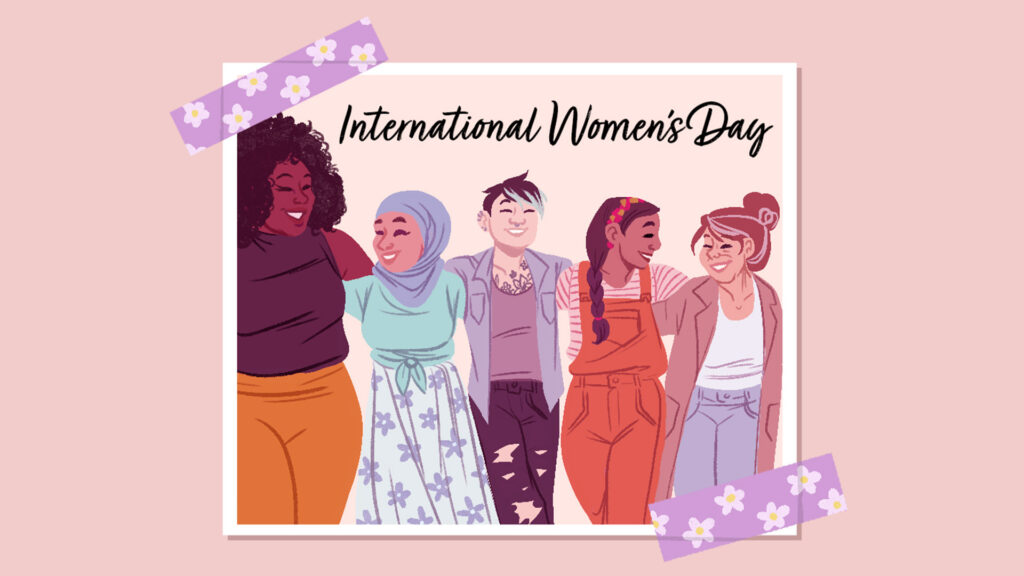 Women embracing each other in an animated postcard for International Women's Day 