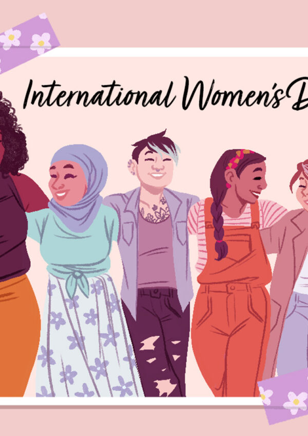 Women embracing each other in an animated postcard for International Women's Day