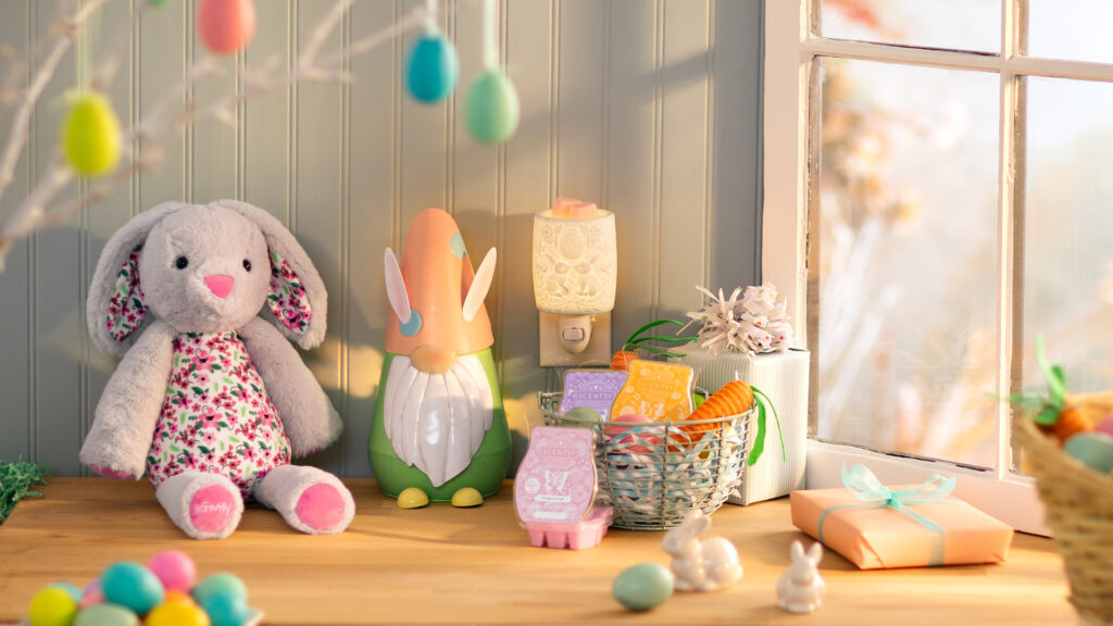 Scentsy Easter Collection including the spring scented wax bar bundle of 3, cotton meadow mini warmer, Gnome for Easter wax warmer and Rosalina the Rabbit Scentsy Buddy