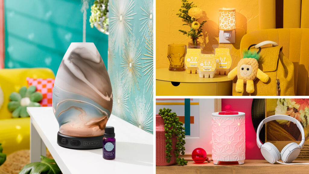 A photo collage of a Scentsy oil diffuser and essential oils, Toward the Sun mini warmer with yellow colored wax bars and Queen the pineapple buddy clip, and a wax warmer with a red colored bulb melting red wax cubes