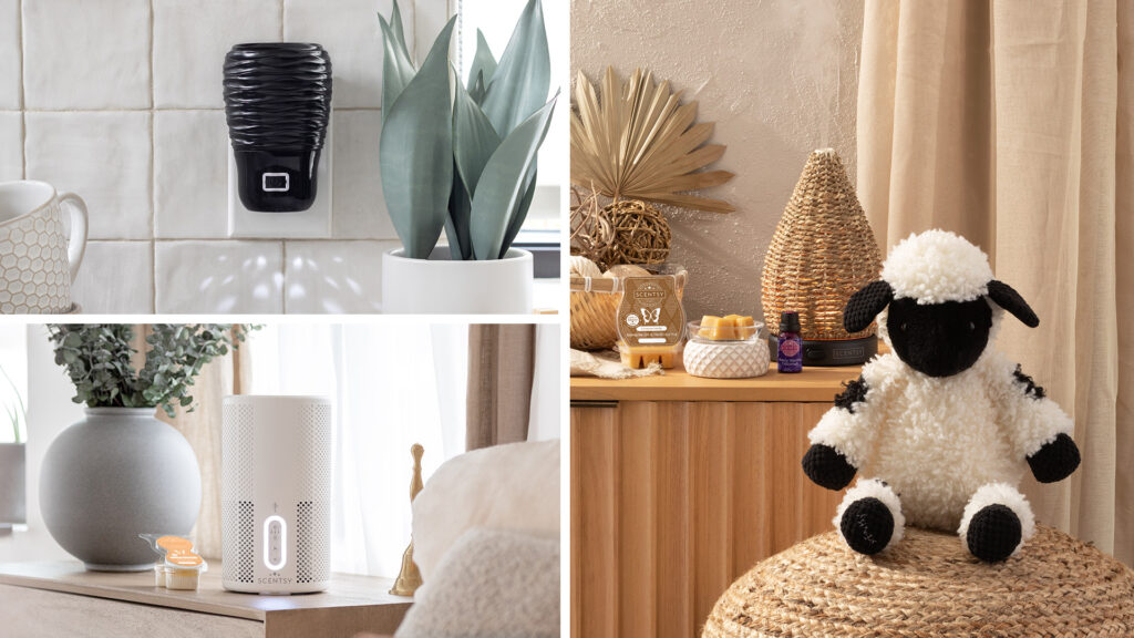 Photo collage of a black mini wall fan diffuser, an air purifier with scent pods, and a tabletop wax warmer, an oil diffuser with essential oils and Valley the Valais Blacknose Sheep Scentsy Buddy