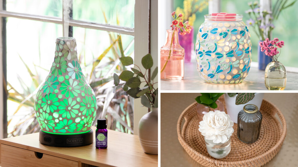 A photo collage with Scentsy Enrich oil diffuser and essential oils, the dragonfly away wax warmer melting pink wax cubes, and a fragrance flower all inspired by nature
