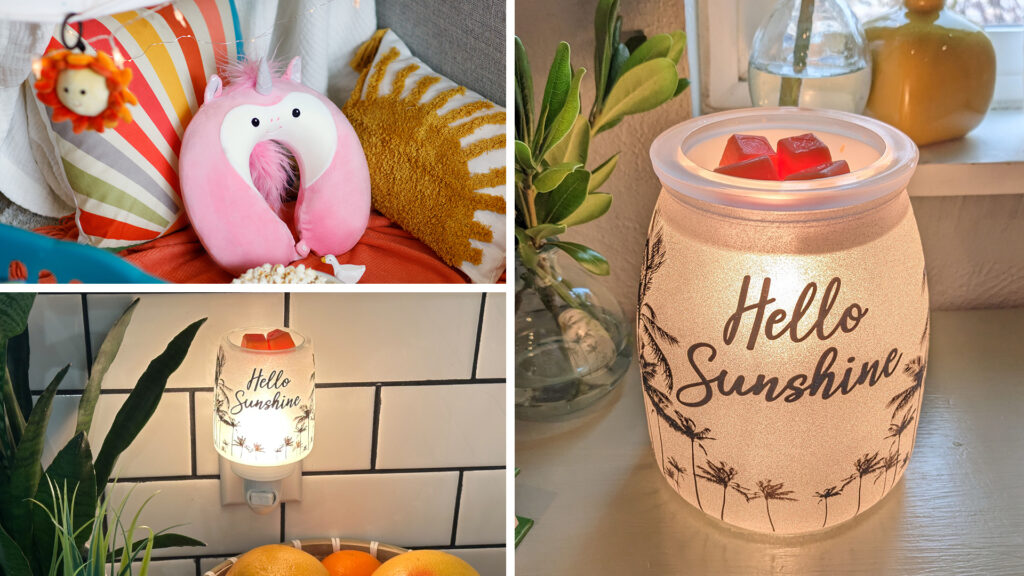 Scentsy's summer products in a photo collage including the Unicorn Scentsy Buddy Travel Pillow, Rays & Shine Scentsy Buddy Clip, and the Hello Sunshine wax warmer and mini warmers both melting orange colored wax cubes