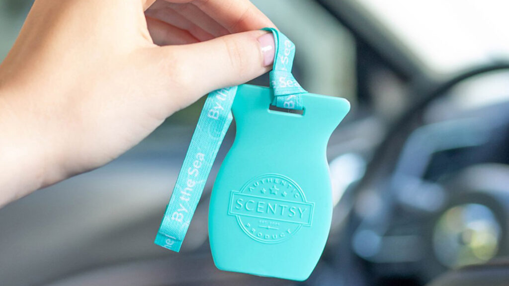 A woman's hand holding up a blue scentsy car bar in a car