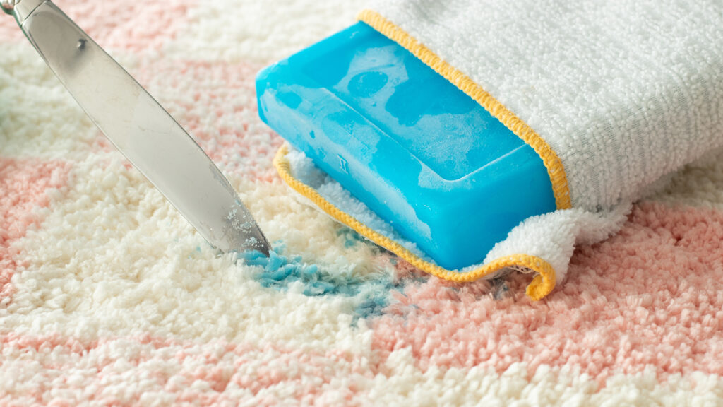 Freezing spilled wax on the carpet with an ice pack and scraping it with a knife as a wax removal method