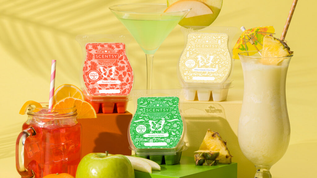 Three wax bars from the happy hour wax bar bundle scented in paradise punch, appletini splash and pina colada cha cha
