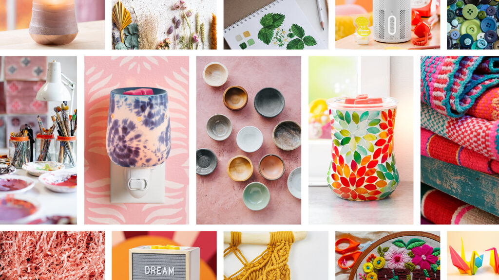 A photo collage of scentsy products and crafting materials