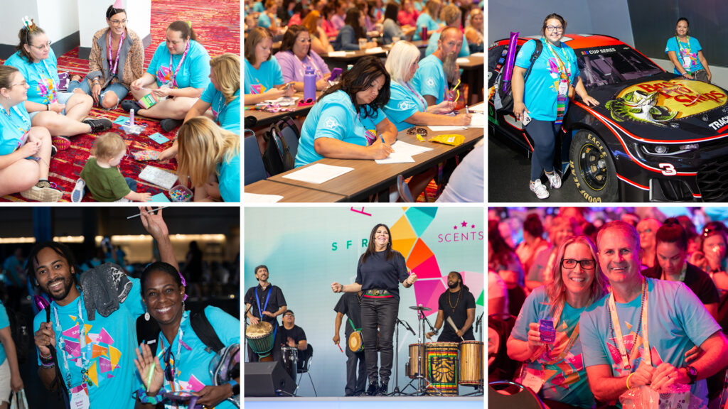 A photo collage of  Scentsy consultants enjoying all of the fun events at scentsy family reunion including Nascar hall of fame, a live performer, and learning at expo