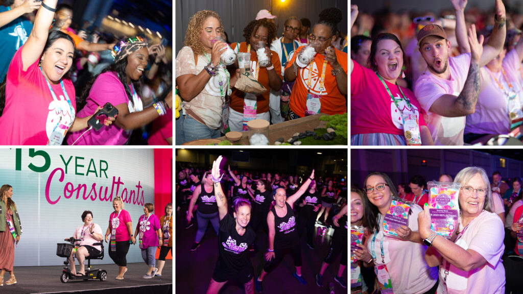 A photo collage of Scentsy consultants cheering in the crowd while announcements were going on onstage