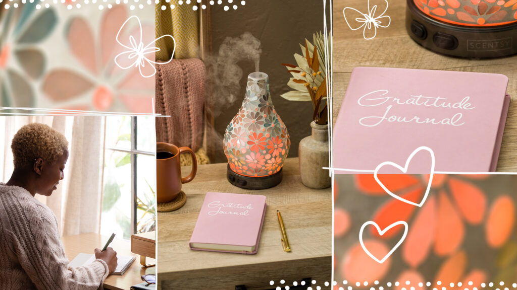 A photo collage of a light pink gratitude journal, a woman journaling, and a Scentsy diffuser releasing essential oils on a desk beside a cup of coffee, journal, and vase of flowers