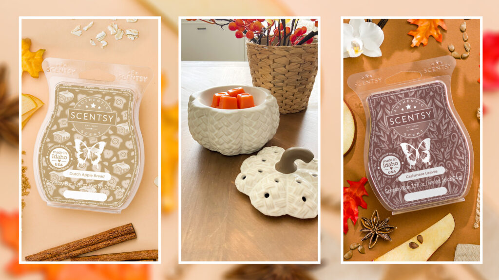 Photo collage of Scentsy wax bars scented in Cashmere Leaves & Dutch Apple Bread sitting on fall decorated tables and a white pumpkin wax warmer melting orange wax melts