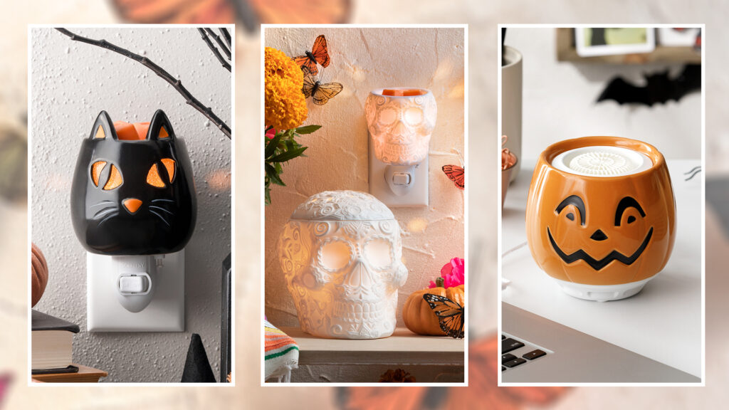 A photo collage ofthe Spooky Stare mini warmer, Calaverita wax warmer and mini warmer and the Happy Jack tabletop fan diffuser