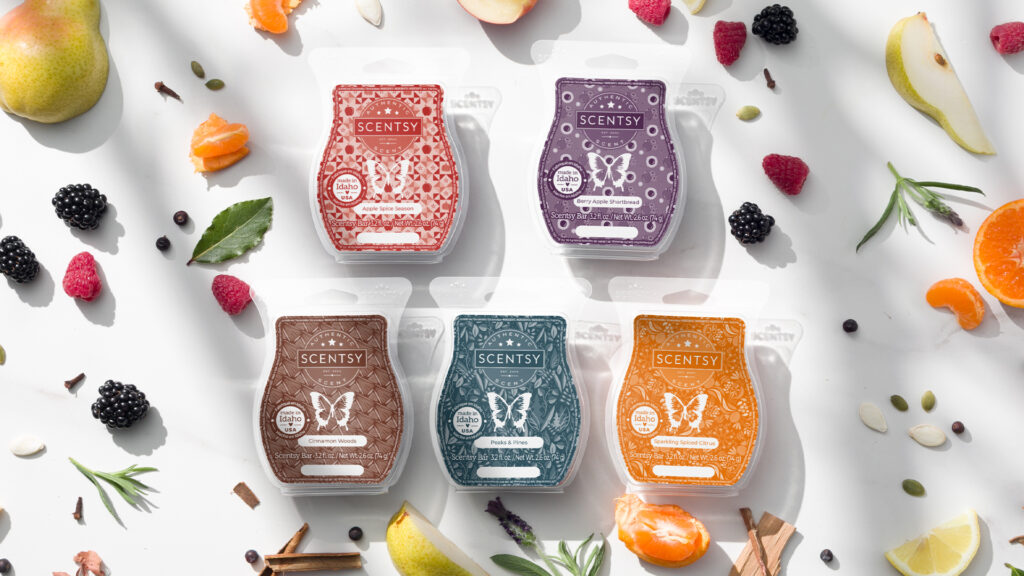 An assortment of Scentsy wax bars and corresponding fragrance notes, each from the Fall Harvest Seasonal Collection