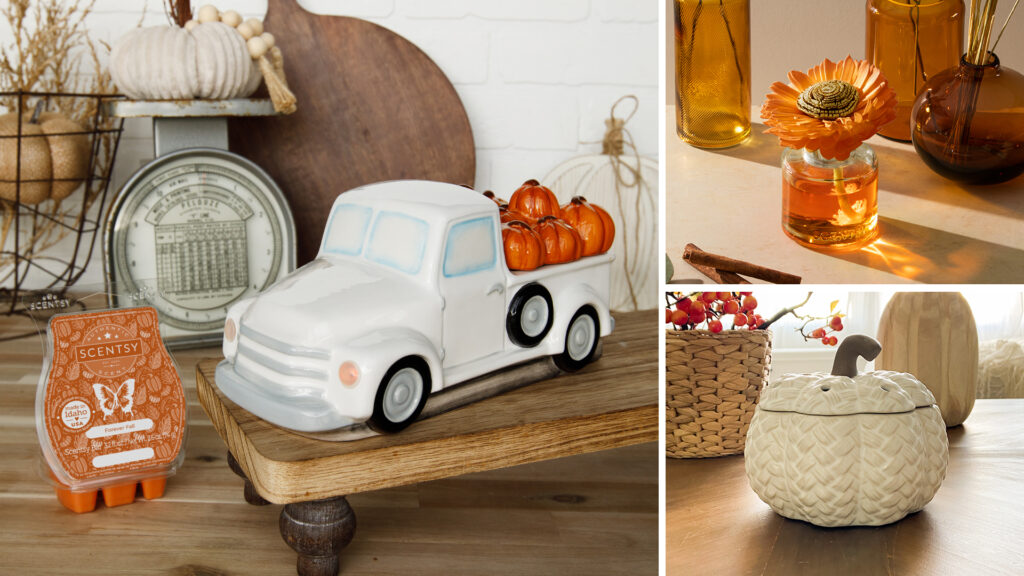 A photo collage of simply neutral style decor including the Stunning Sunflower Fragrance Flowers, Retro White Truck Warmer with Pumpkin Delivery Lid or Harvest Bounty Warmer with forever fall scented wax melts