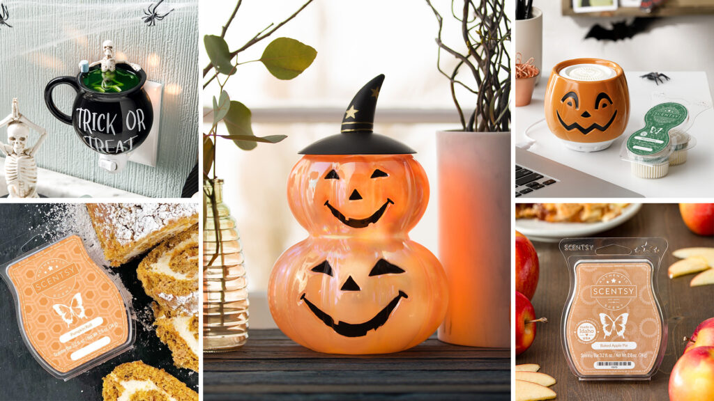 Totally tricked out home decor style from scentsy including the Baked Apple Pie and Pumpkin Roll wax melts, the Chilling Brew Mini Wax Warmer, Happy Jack Tabletop Fan Diffuser and Witch O’Lantern Wax Warmer.
