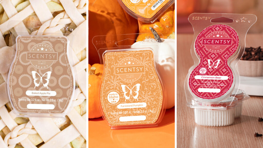 Scentsy wax melts in apple pie and farmstand pumpkin fragrance and scent pods in cinnamon bear scent