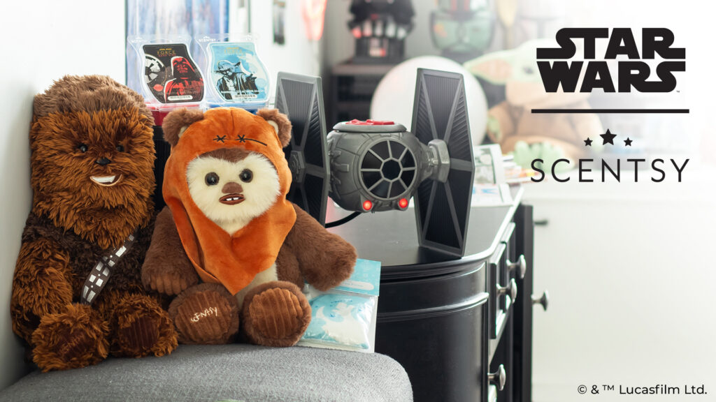 The Star Wars™ collection at Scentsy including Light Side of the Force Scentsy Bar, Dark Side of the Force Scentsy Bar, Tie Fighter Wax warmer, and the Ewok™  and Chewbacca™ scentsy buddies