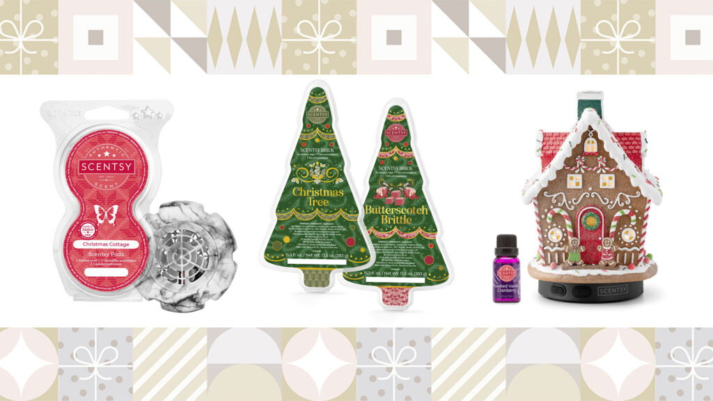 collage image of Scentsy pods, mini fan diffuser, Scentsy Holiday bricks, and the Scentsy Gingerbread Chalet Holiday diffuser.