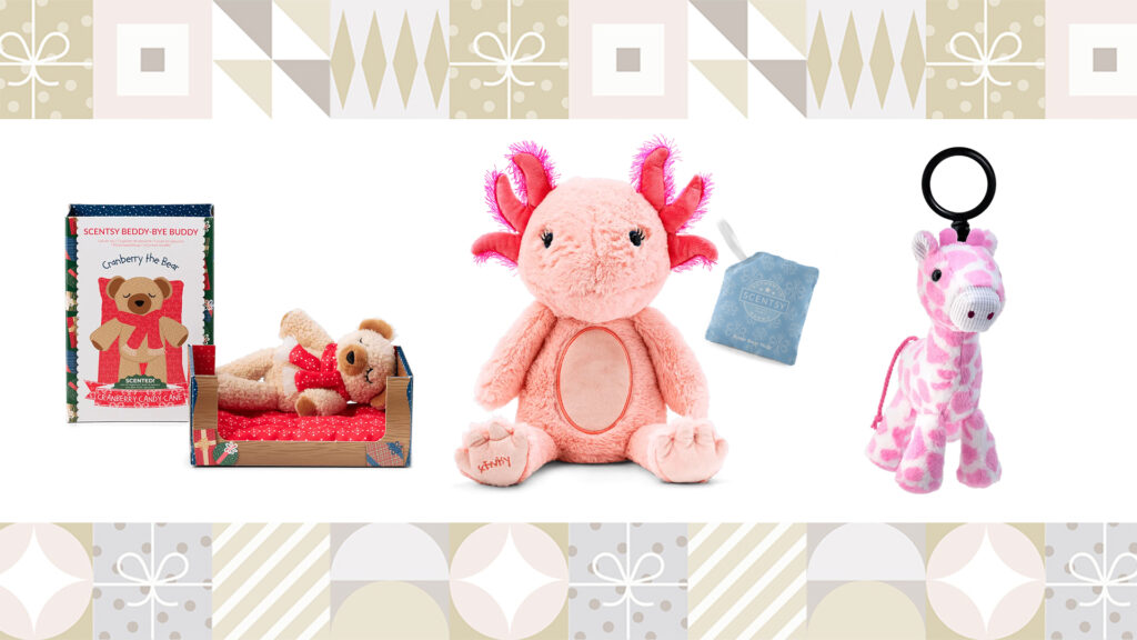 Collage image of the cranberry the bear scentsy beddy bye buddy, blush the axolotl Scentsy buddy, and Genna the Giraffe Scentsy Buddy Clip.