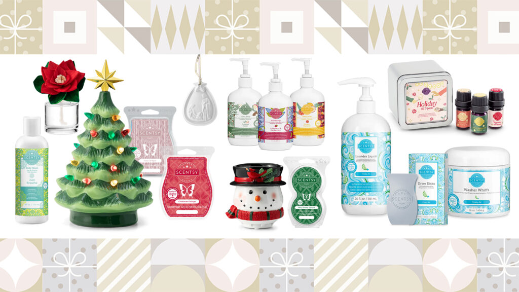 A collage image of Scentsy Holiday Gift guide products such as warmers, fragrance flowers, soaps, hand creams, and essentail oils