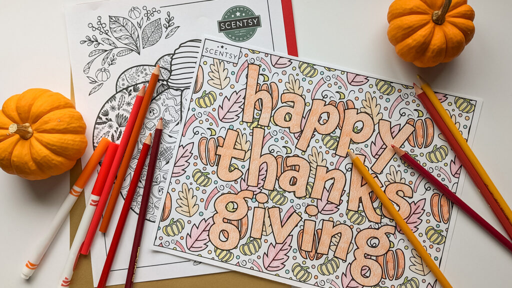 Scentsy fall coloring pages that read happy thanksgiving colored with orange and red pencils