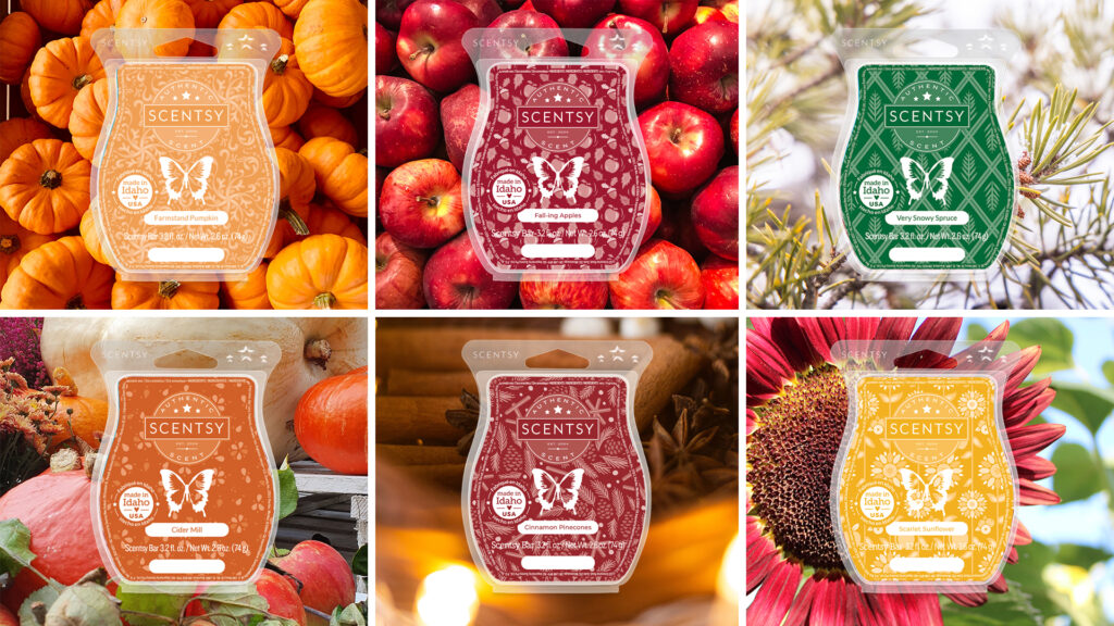 Six seasonal scentsy wax melts in fall fragrance including farmstand pumpkin, falling apples, very snowy spruce, cider mill, cinnamon pinecones, and scarlet sunflower