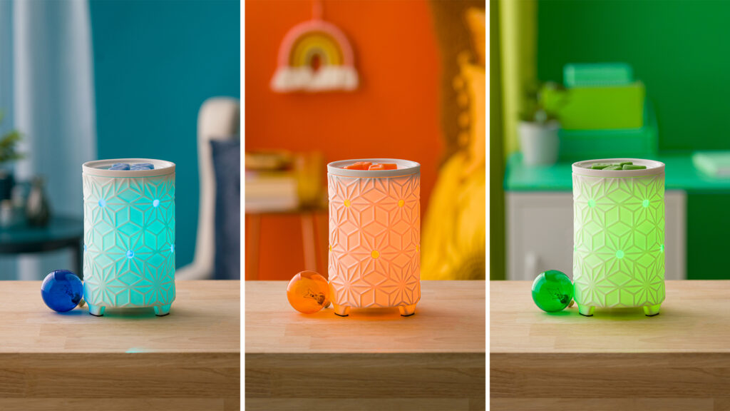 A photo collage of a scentsy wax warmer lit with three different colored bulbs in blue, orange and green with matching wax melts in each warmer