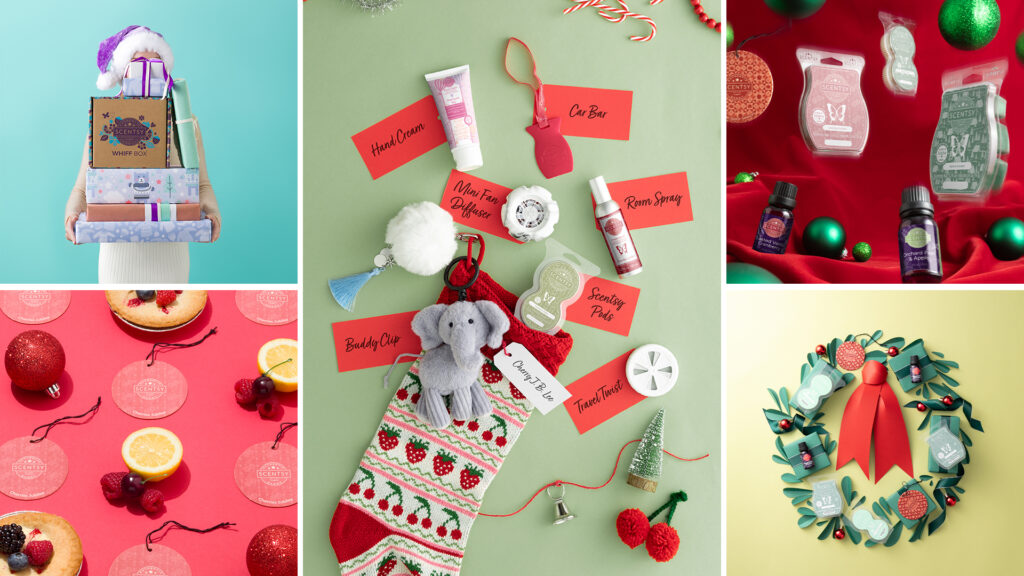 A festive, holiday-themed collage of different Scenty products from the Scentsy Holiday Collection.