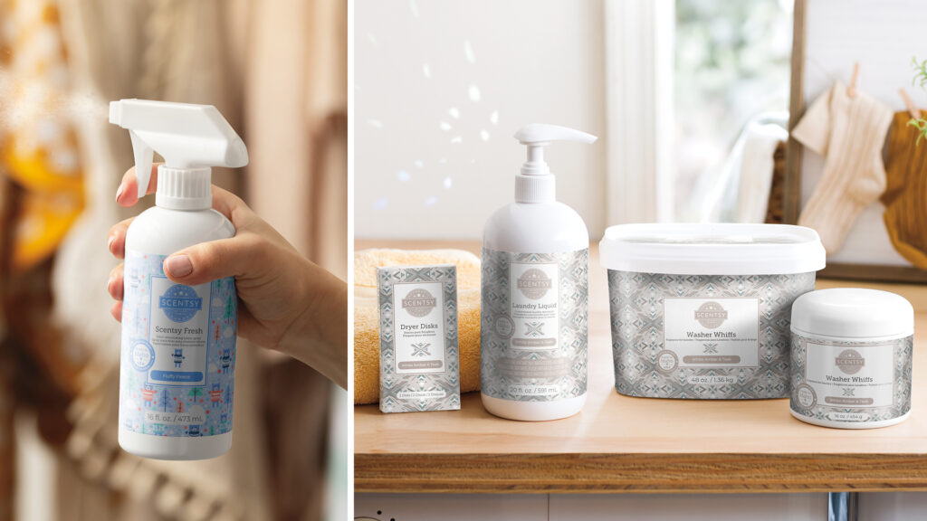 Scentsy laundry products. Scentsy fresh in fluffy fleece fragrance and dryer disks, laundry liquid, washer whiffs tub and smaller container scented in white amber & teak