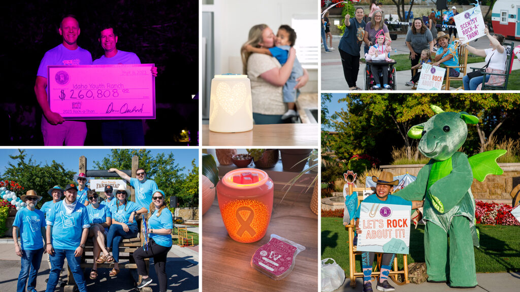 A photo collage of scentsy 2023 contributions and giving back to the community through rock a thon, breast cancer awareness and charitable cause programs