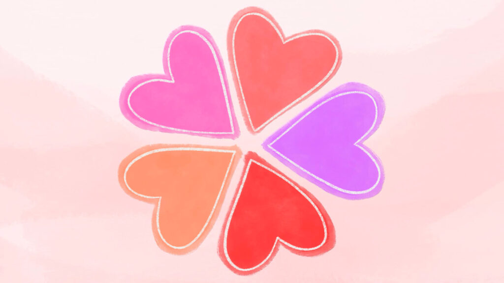 A cartoon like image of five hearts in different shades of pinks in the shape of a flower with a light pink background
