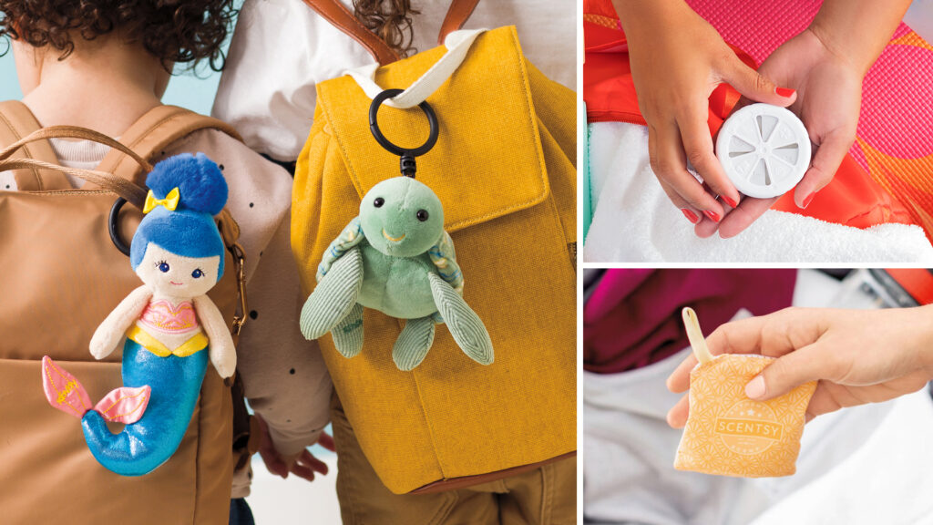 photo collage of portable scentsy fragrance products including a travel twist, scent pak and two buddy clips connected to two childrens backpacks