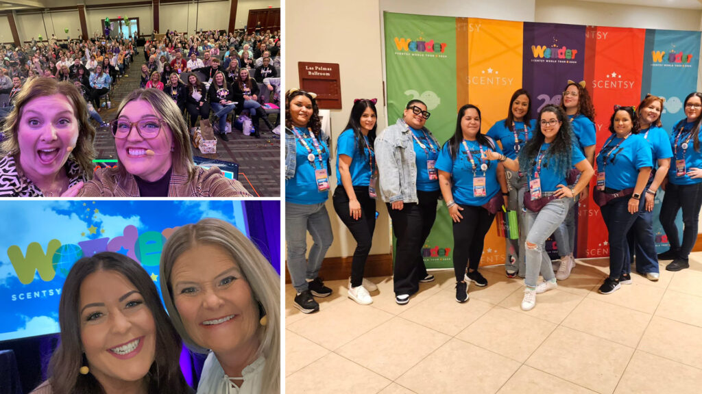 3 photo collage of scentsy consultants posing in front of scenrtsy reunion banners and two selfies of women smiling in front of a wonder scentsy poster and the other two smiling while speaking to the audience of consultants