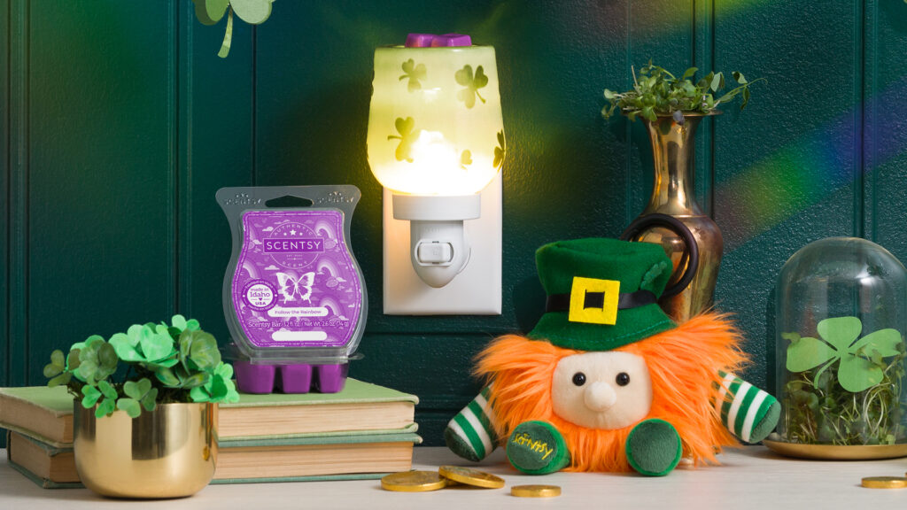 Scentsy st patricks day products and fragrance on display on a book shelf