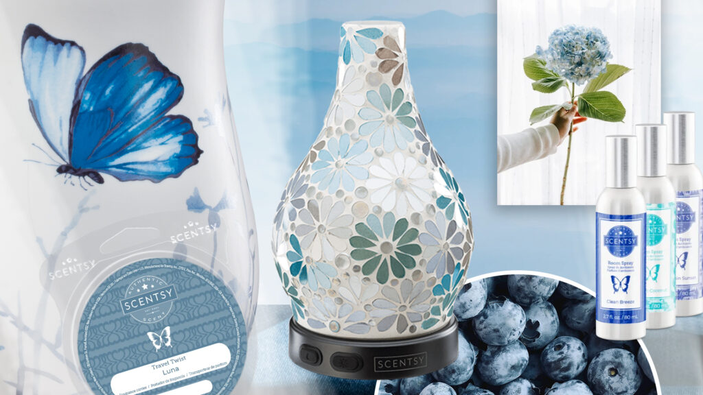 Scentsy blue products including a fan diffuser, wax warmer with a blue butterfly on it, luna travel twist and 3 blue room sprays on a blue background with an image of a blue hydrangea and blueberries