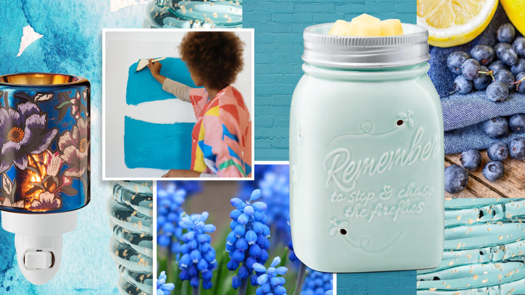Photo collage of blue  flowers, a child painting the color blue, midnight floral mini warmer, Chasing Fireflies Warmer, blue brick and blueberries with lemon wheels