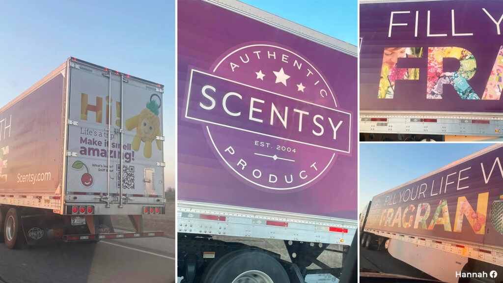 Photo collage Scentsy’s vibrant trailer semi truck wrapped in lively graphics and a QR code 