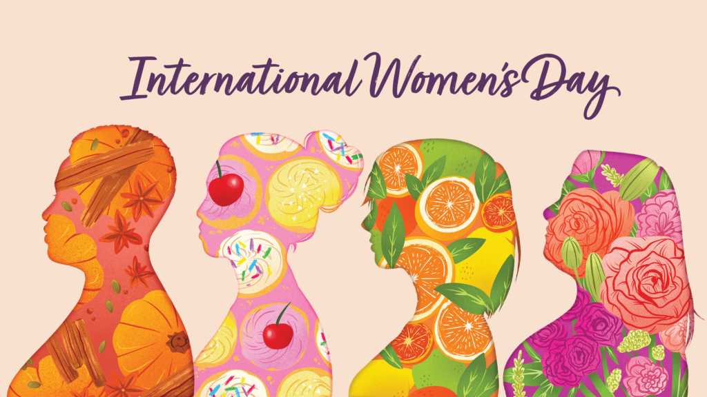 A drawing for international women's day with outlines of different side profiles of four women each figure filled with different colorful scent notes like clove, lemon, citrus and flowers 