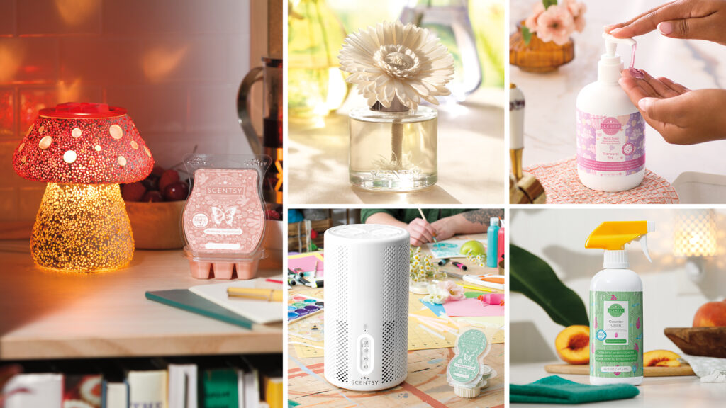 Photo collage of scentsy products including mushroom wax warmer, wax melts, air purifier, scent pods, hand soap and counter cleaner all in home settings