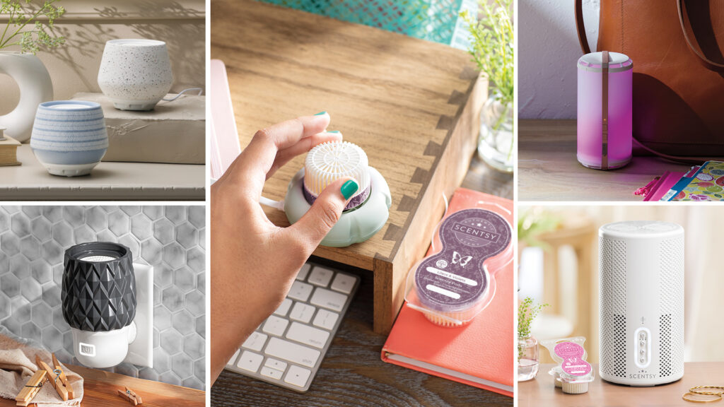 A photo collage of scentsy fan diffuser collection including scentsy pods, tabletop diffusers, wall fan diffuser, mini fan diffuser, air purifier and scentsy go portable fragrance system