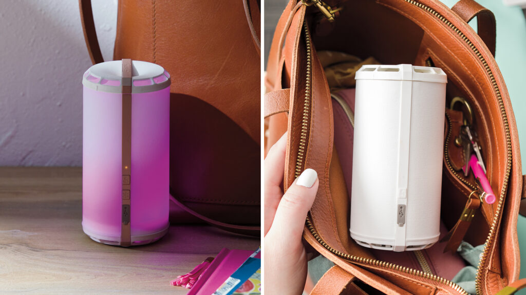 Photo collage showing the Scentsy go lit up diffusing fragrance and how easily it fits in a womans purse for on the go fragrance