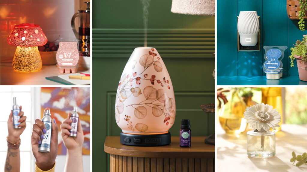 A collage of images depicting Scentsy products such as Scentsy wax warmers, oil diffusers, fragrance flowers, mini fan diffusers, and room sprays.