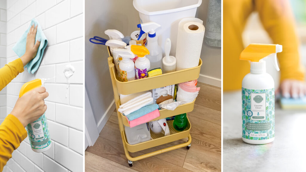 Collage image of using Scentsy cleaning products and a DIY Cleaning Cart to clean a home.